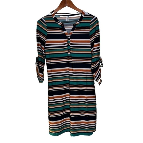 Tacera Size M Striped 3/4 Sleeve V-Neck Dress - Picture 1 of 6